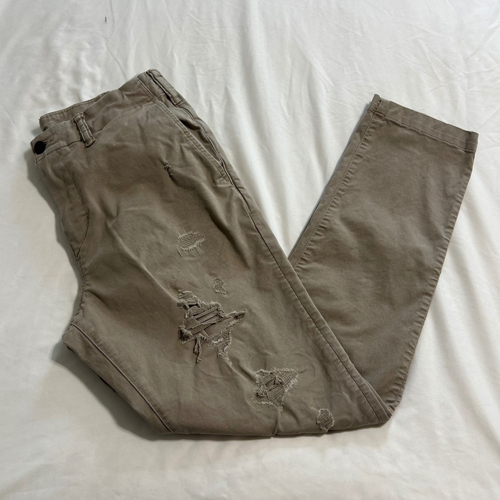 American Eagle Mens 32x32 Distressed Khaki Chino Pants Slim Fit Tan Stretch